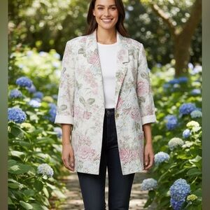 Vintage Floral Linen Blend Blazer Jacket XL Shabby Chic Cottagecore